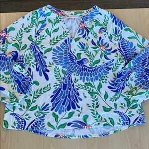 Worn 1x Jude Connally made in the USA 3/4 long sleeve colorful bird top shirt XL